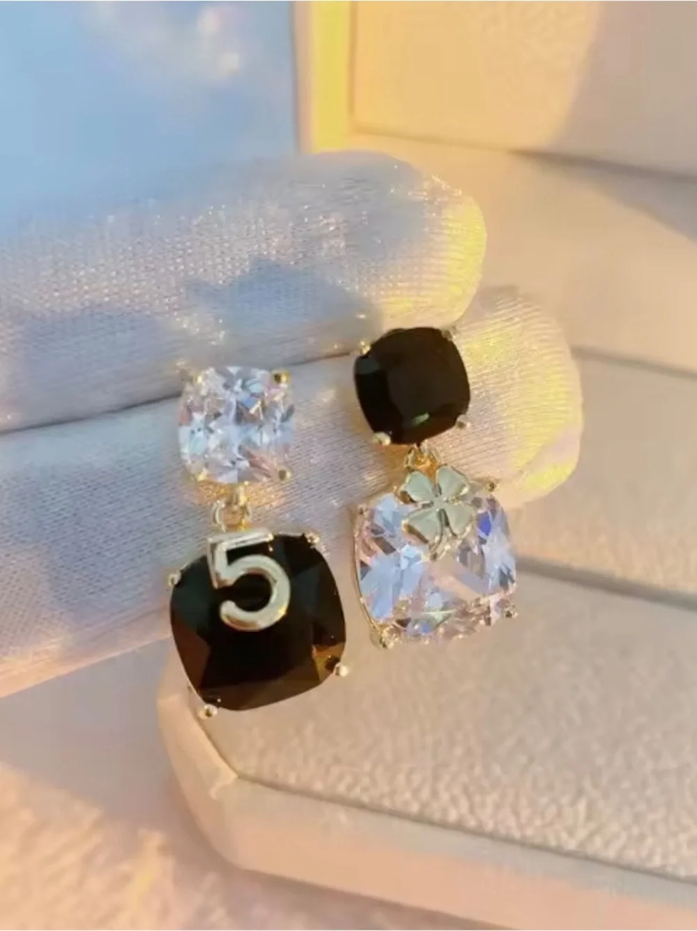 Luxury Boutique Elegant Black and Clear Crystal Drop Earrings Gold '5' Accent